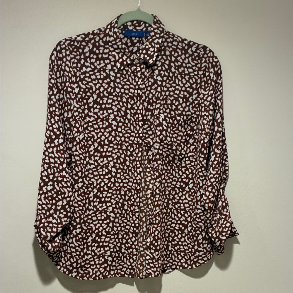 Apt. 9 Brown White Ditsy Floral Fun Button Down Button Sleeves Sz. S NWOT